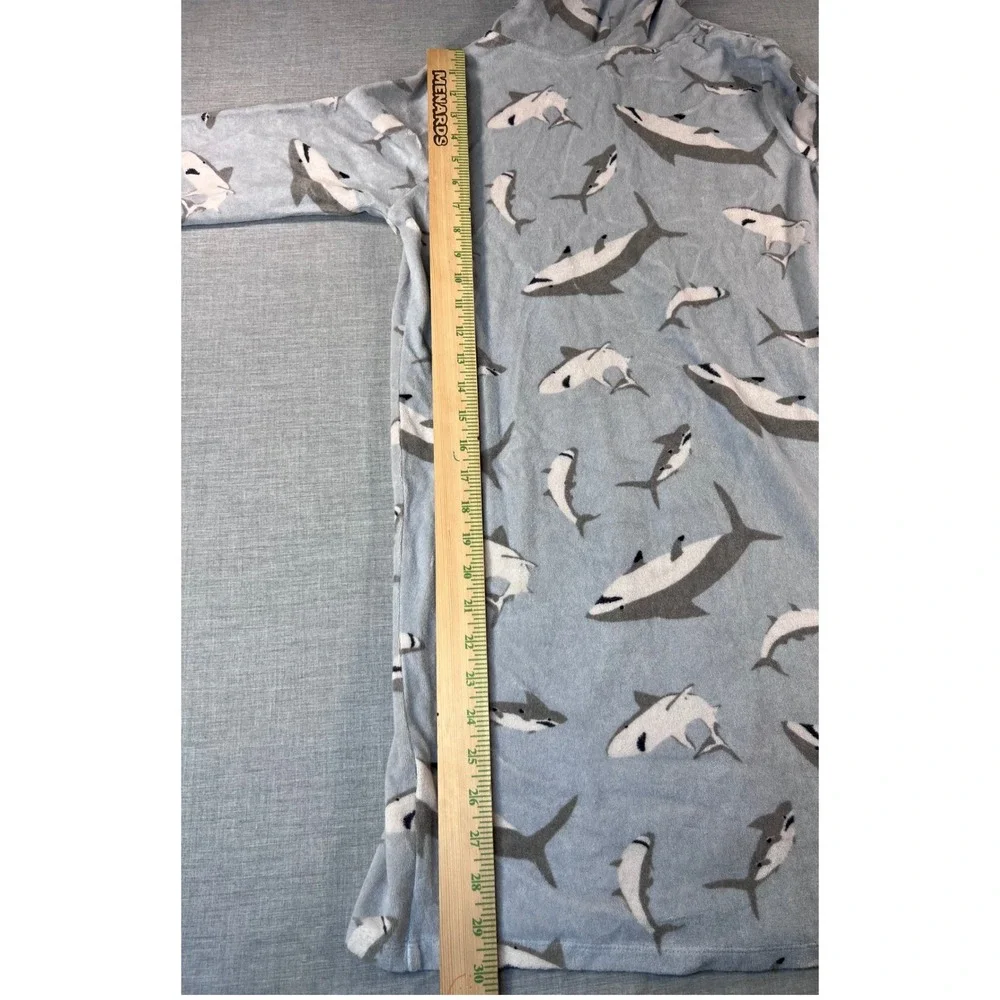 Lands End Kids XL 14-16 Shark Print Terry Cloth Hooded Swim Cover Up Blue Gray